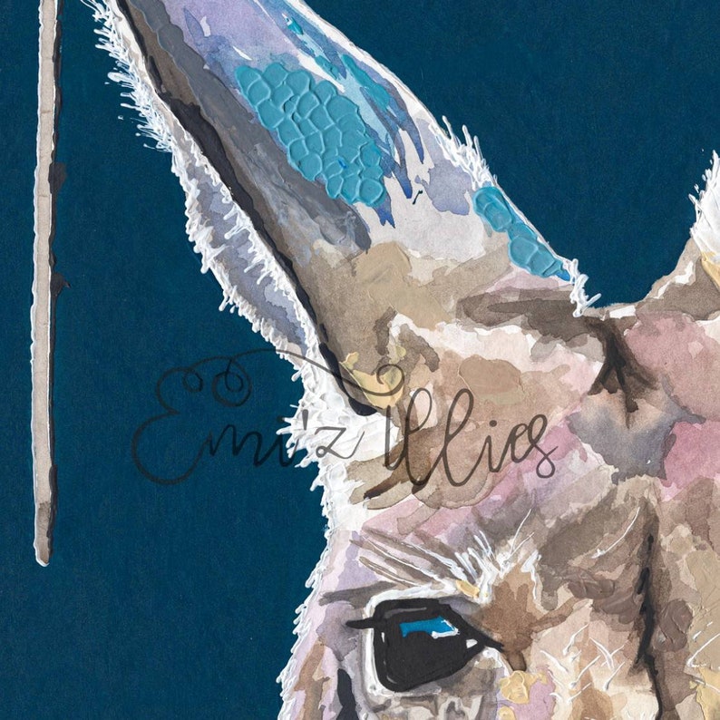 May include: A close-up of a watercolor painting of a kangaroo's head. The kangaroo's fur is a light brown color with hints of pink and white. The kangaroo's eye is a bright blue color. The background is a deep blue color.