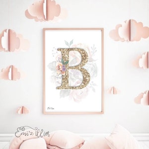 Carta personalizada, glitter, carta floral, estampa de meninas, decoração de berçário, carta personalizada, flores em aquarela, arte de parede, estampa floral, inicial