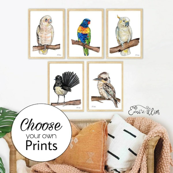 Australian bird prints Willy wagtail Corella Rosella sulpher crested cockatoo Kookaburra Australian animal Native bird art nursery art