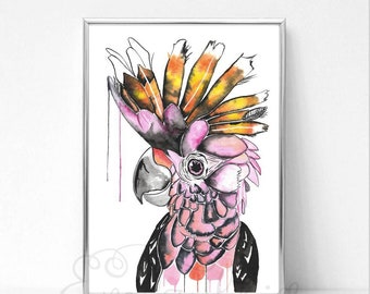 Cockatoo Watercolor Art Print, Modern Bird Painting