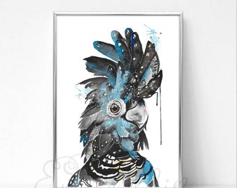 Black Cockatoo Watercolour Print, Australian Native Bird Art