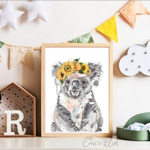 Koala print, Australian animal print, koala, Sunflower crown sunflower, wall art, Australian animal art print, Australian native animal, art