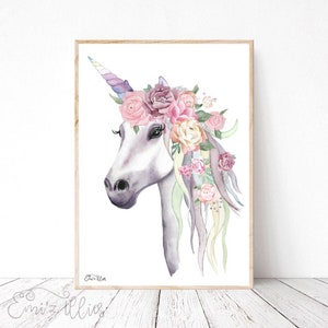 Unicorn Print, Unicorn, Watercolour Unicorn, Floral Unicorn Print, Girls Nursery Print, Girls Nursery Art, Watercolour Art, floral print