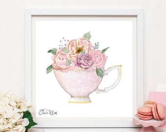 Teacup, whimsical print, floral teacup, girls prints, nursery decor, floral print, flowers, watercolour print, wall art, vintage teacup