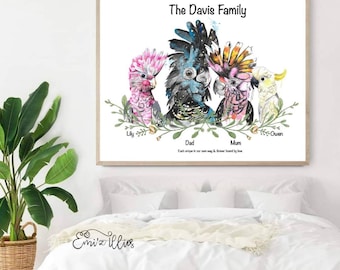 Stampa di famiglia personalizzata, stampa di uccelli di famiglia, stampa del nome personalizzato, stampa di uccelli australiani, cacatua nero, cresta di zolfo, stampa Galah