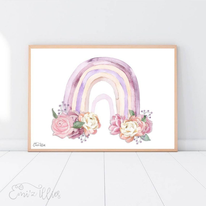 whimsical rainbow pink rainbow flowers watercolour print nursery decor floral print Rainbow wall art girls prints floral rainbow