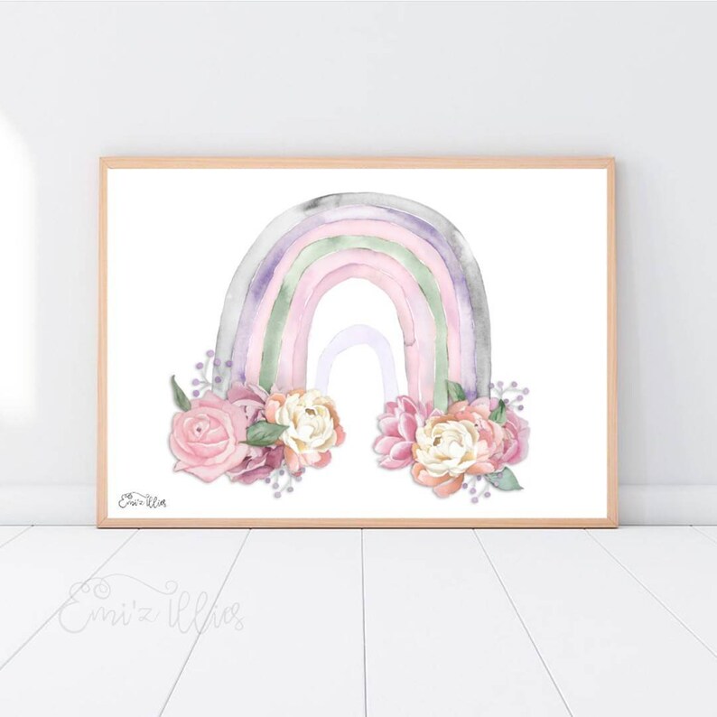 whimsical rainbow pink rainbow flowers watercolour print nursery decor floral print Rainbow wall art girls prints floral rainbow