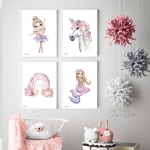 Unicorn print, Girls Nursery Art, Girly Prints, Rainbow Print, Mermaid print, fairy ballerina, whimsical, Watercolour Nursery set, set of 4