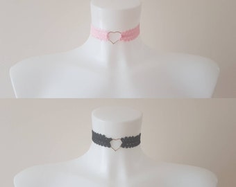 Lace Heart Choker // Black Pink Red Grey White Cute Choker or Day Collar, Kawaii and Harajuku