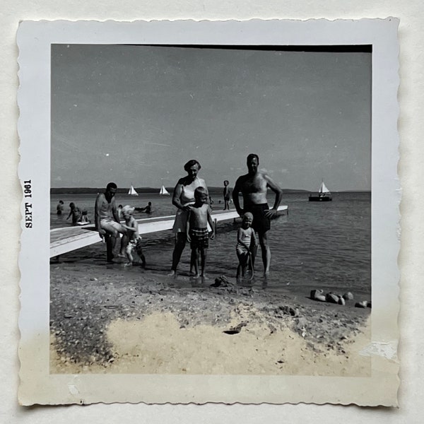 Vintage Original Photo 'Family Beach Day' Shoreline Sailboats Photograph #37-11