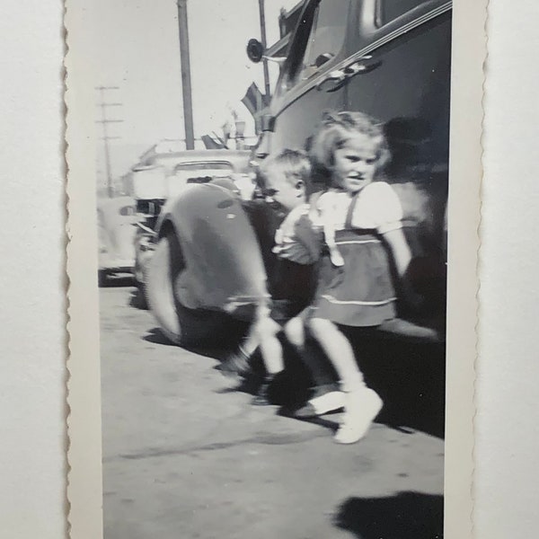 Vintage Original Photo 'Running Board Seat' 1940s Kids Brother Sister Old Car Photograph #36-69