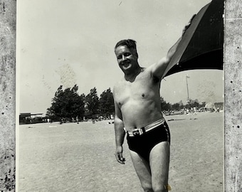 Original Vintage Photograph - Dad Bod - Beach Posing Dad #68-11