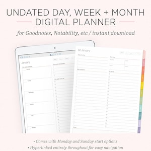 Può includere: Un planner digitale per le app Goodnotes e Notability. Il planner include una vista mensile, settimanale e giornaliera. L'immagine mostra un planner digitale aperto alla vista mensile di gennaio e alla vista giornaliera del 1° gennaio. Il planner ha un divisore con schede colorate.