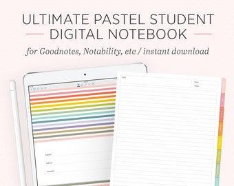 May include: A digital notebook for students featuring pastel colored dividers and tabs. The notebook is designed for use with note-taking apps like Goodnotes and Notability. The text "ULTIMATE PASTEL STUDENT DIGITAL NOTEBOOK" is at the top of the image. The text "for Goodnotes, Notability, etc / instant download" is below the title.