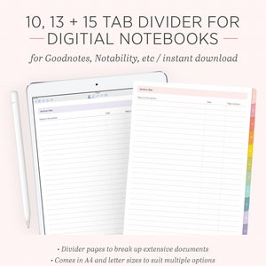 Può includere: Divisori di schede per notebook digitali con 10, 13 e 15 schede. L'immagine mostra un tablet con un notebook digitale aperto e una pagina separata con schede colorate. Il testo recita "for Goodnotes, Notability, etc / instant download."