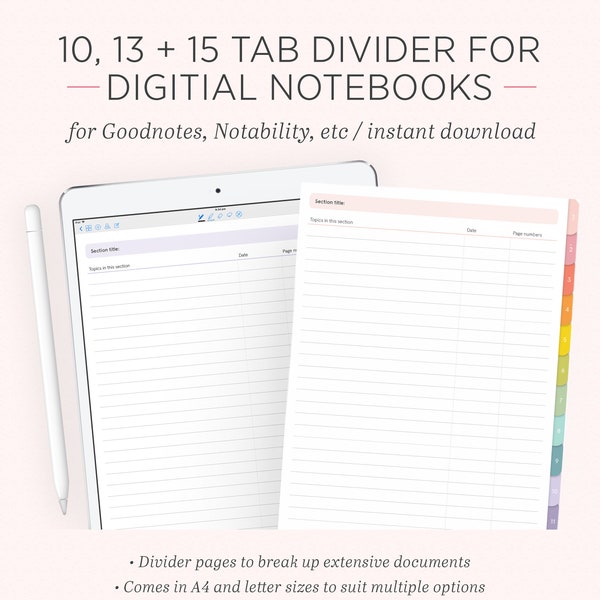 Section Divider Inserts for Digital Notebooks | Customisable Tabbed GoodNotes Notability Template | iPad College School | Instant Download