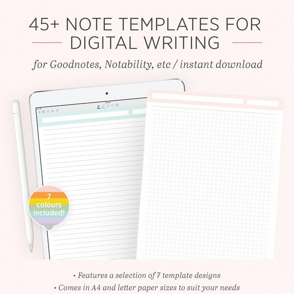 Digital Note Taking Pastel Paper Template | Goodnotes Notability iPad Tablet | Lined Grid Dotted Cornell College Notebook Pages | A4 Letter
