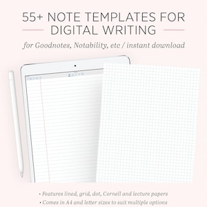 Modello di carta per prendere appunti digitali / Tablet iPad Goodnotes Notability / Pagine di taccuino Cornell College punteggiate con griglia blu / Lettera A4