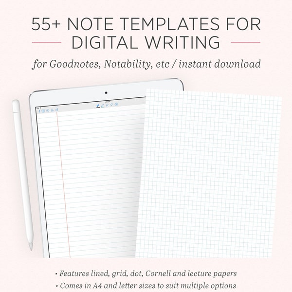Digitale Notiz Papier Vorlage | Goodnotes Notability iPad Tablet | Blue Lined Grid Dotted Cornell College Notebook-Seiten | A4 Letter