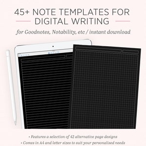 Modello di carta nera per prendere appunti digitali / Tablet iPad Goodnotes Notability / Pagine di taccuino Cornell College punteggiate con griglia a righe / Lettera A4