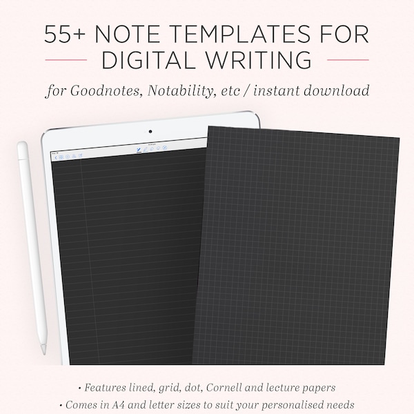 Digital Black Note Taking Paper Template | Dark Mode Goodnotes Notability iPad Tablet | Grid Dotted Cornell College Pages | A4 Letter