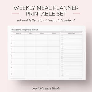 May include: Printable weekly meal planner and grocery list template. The planner has a grid for each day of the week with columns for breakfast, lunch, dinner, and snack. There is also a grocery list section. The template is printable and editable.