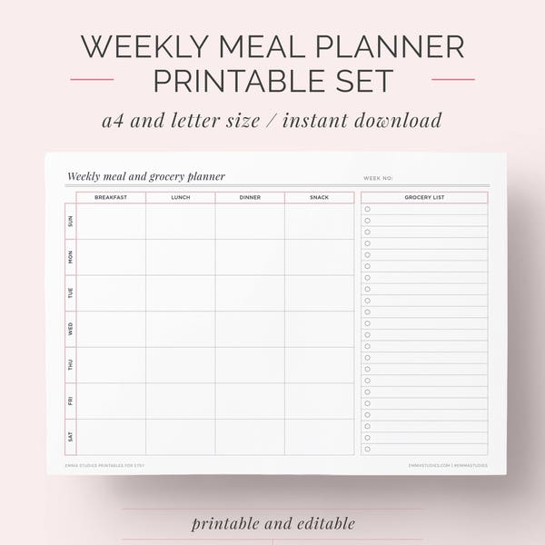 Weekly Meal Planner Printable | Shopping, Grocery, Food List | A4 and Letter | Planner Insert | Monday and Sunday | Instant Download