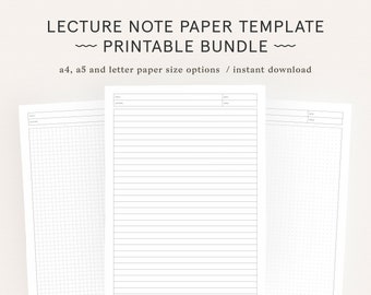 Student Lecture Note Taking Printable | A4, A5, and Letter | Lined, Dot, Grid, Cornell Note Paper | School, College and University Notebook