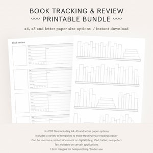 Book Tracker and Review Printable Reading Journal Log List Discbound  Planner Insert A4, A5, Letter Instant Download 