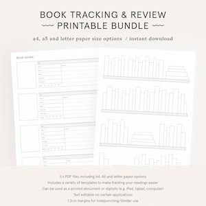 Rastreador de libros y revisión imprimible / Lista de registros del diario de lectura / Inserción del planificador en disco / A4, A5, Carta / Descarga instantánea