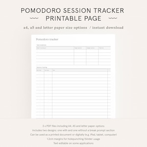 Könnte beinhalten: Druckbare Pomodoro-Session-Tracker-Seite in den Formaten A4, A5 und Letter. Die Seite enthält Abschnitte für die Aufgabenzerschlagung, Zielsessions, Budgetsessions, Gesamtzeit, Startzeit, Endzeit und Aufgabe. Die Seite ist für die Verwendung mit einem gedruckten Dokument oder digital auf einem Tablet oder Computer konzipiert. Die Seite hat 1,2 cm Ränder für das Lochen oder die Verwendung eines Ordners. Der Text ist in einigen Anwendungen bearbeitbar.
