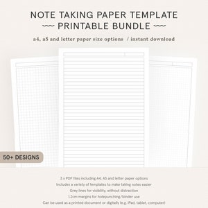 Student Note Taking Template Printable Pack A4, A5 and Letter Cornell, Lecture, Dot, Grid, Lined College Print Paper Instant Download 画像 1