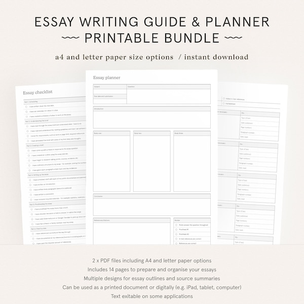 Essay Guide and Planner Printable Pack | School, College, University Student Essay Writing Template | Instant Download | A4 and Letter