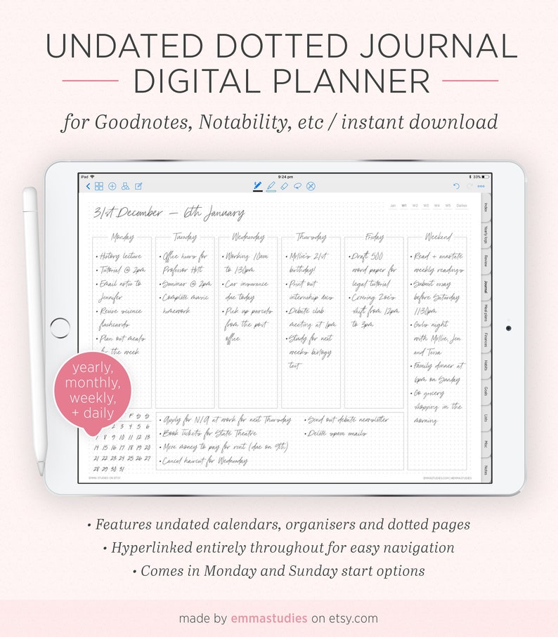 Undated Digital Bullet Journal Planner | Customisable GoodNotes DigiBujo Hyperlinked Organiser | iPad and Tablet Calendar | Instant Download 