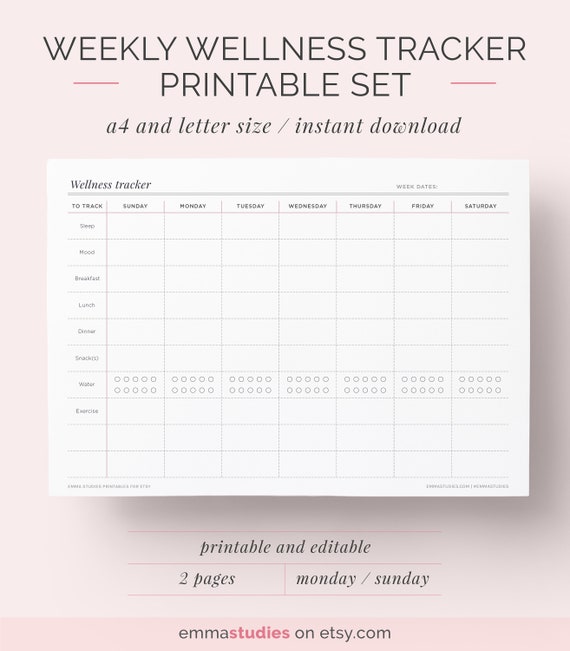 weekly wellness printable tracker fitness food sleep etsy