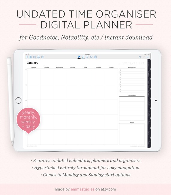 digital undated minimalist time planner bundle daily weekly monthly yearly hyperlinked organiser ipad tablet instant download daily time planner