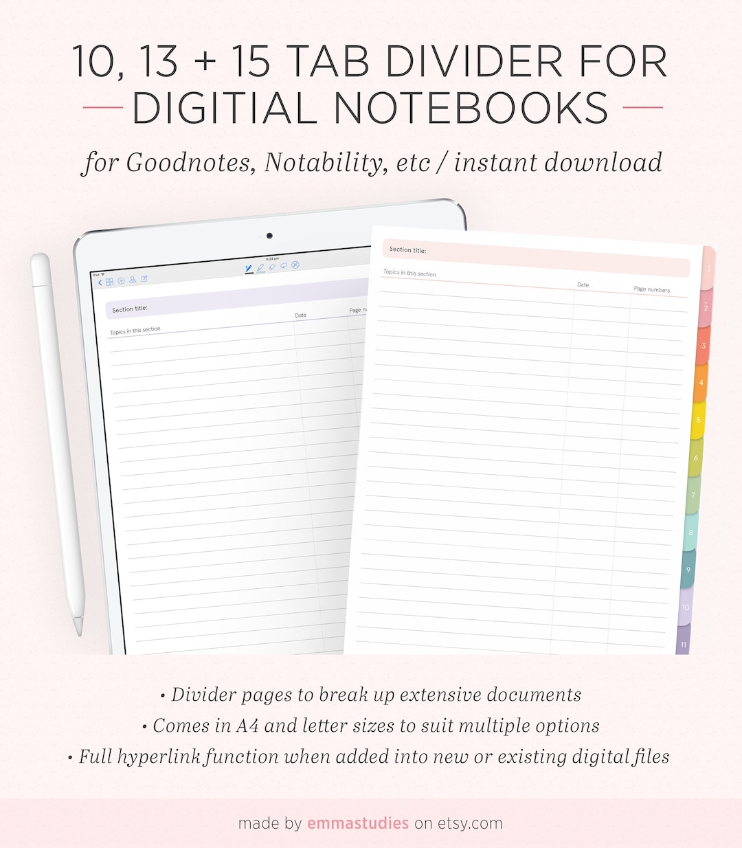 Section Divider Inserts for Digital Notebooks Customisable Tabbed