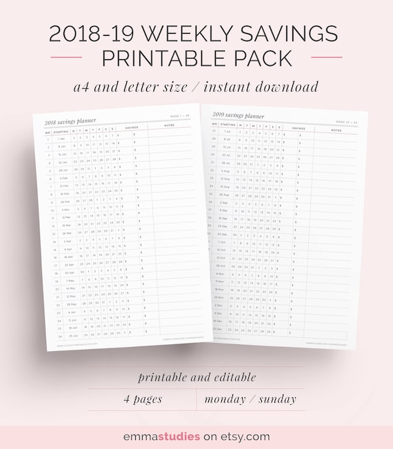 2018 19 weekly savings planner printable pack money budget etsy