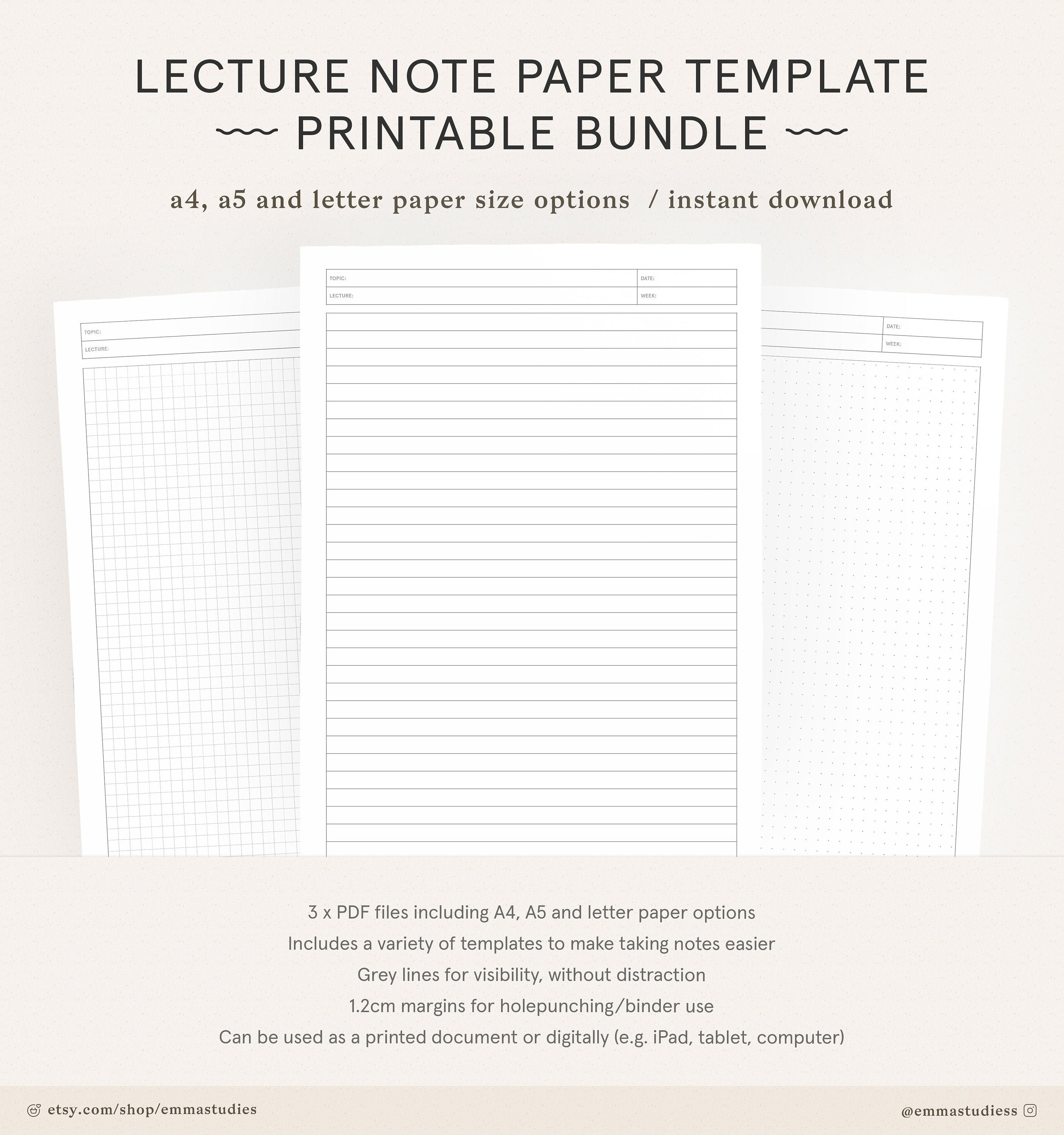 Student Lecture Note Taking Printable  A20, A20, and Letter  Lined, Dot,  Grid, Cornell Note Paper  School, College and University Notebook In Lecture Note Template