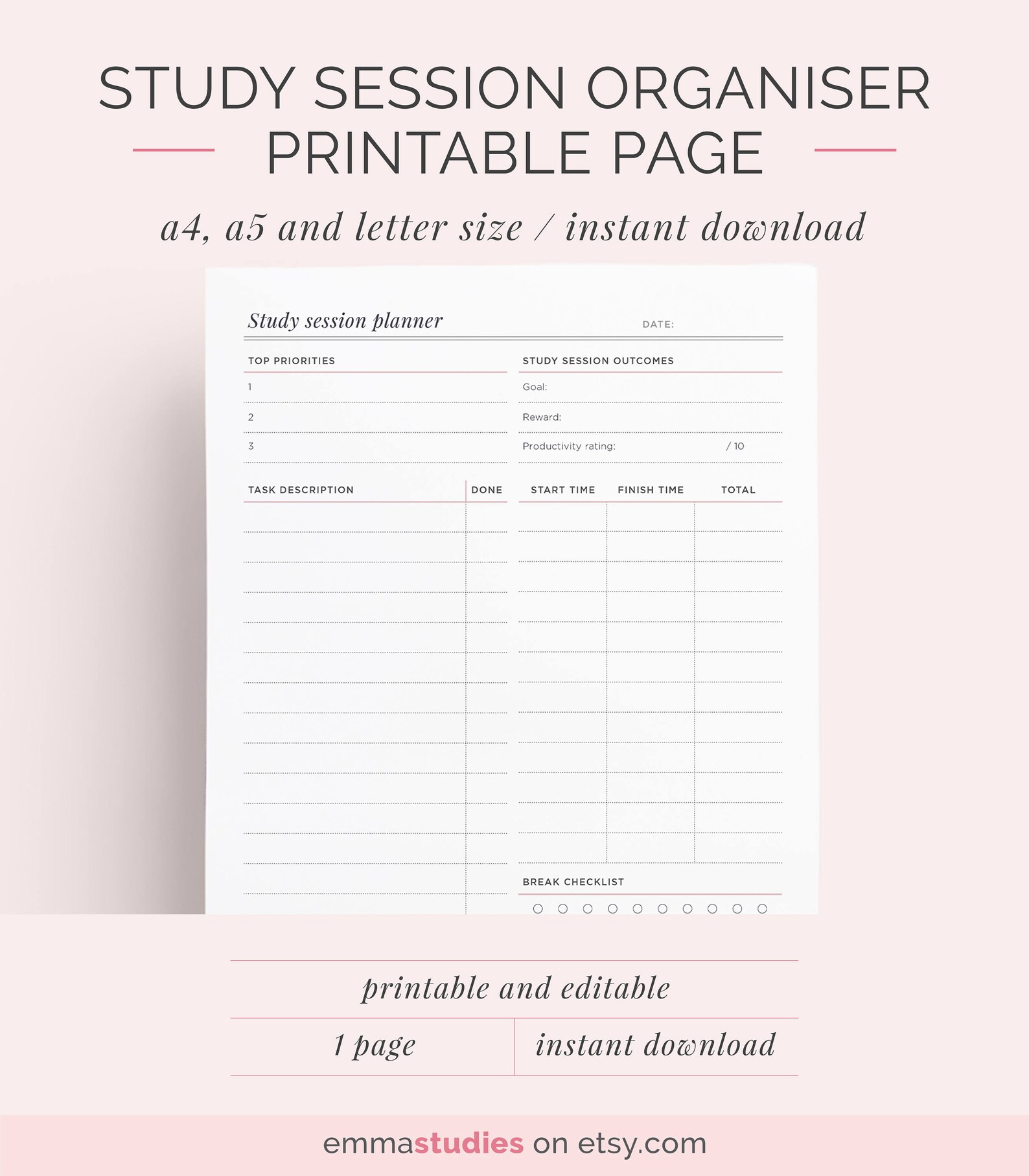 Study Session Printable Student Organiser Back To School | Etsy