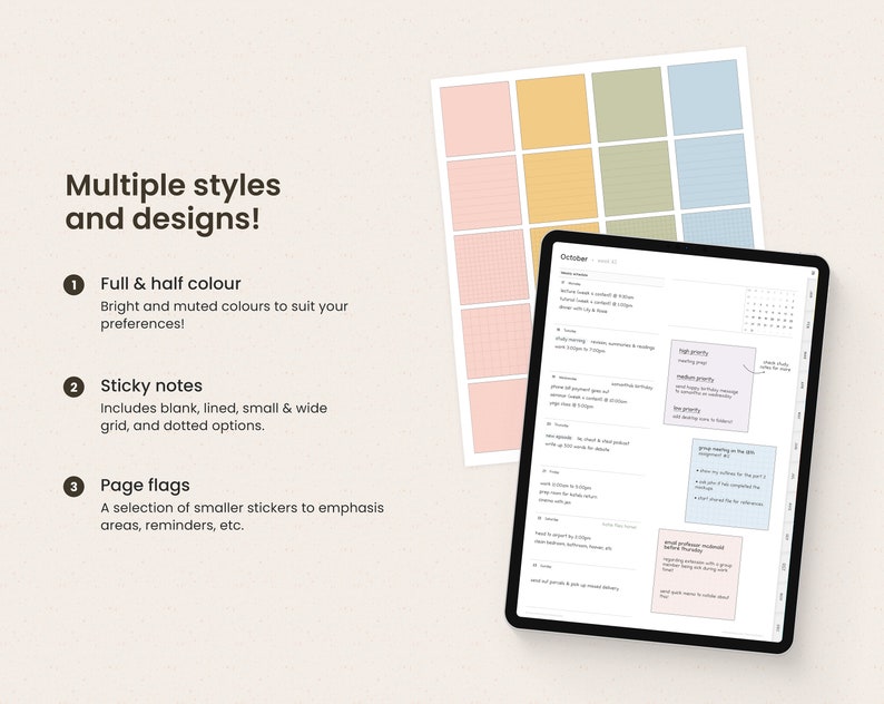 May include: A digital planner with a calendar, to-do list, and sticky notes in various colors and patterns. The planner is open to the month of October. The sticky notes are labeled with different priorities, such as "high priority" and "medium priority".