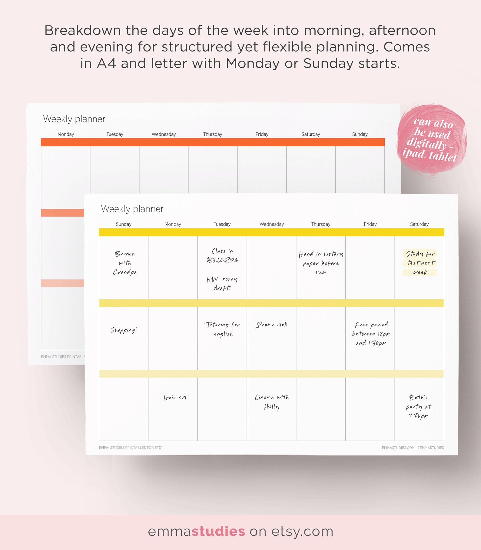 Undated weekly calendar printable pack a4 and letter etsy