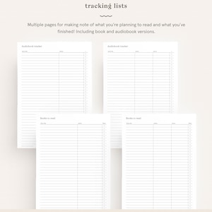 May include: Four printable pages with blank lines for tracking books and audiobooks. The pages are titled "Audiobook Tracker" and "Books to Read".