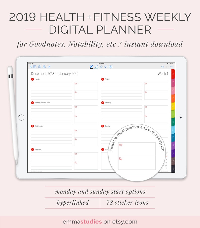 2019 digital weekly health and fitness planner with tabs exercise meal planner goodnotes notability etc ipad tablet instant download health fitness planner