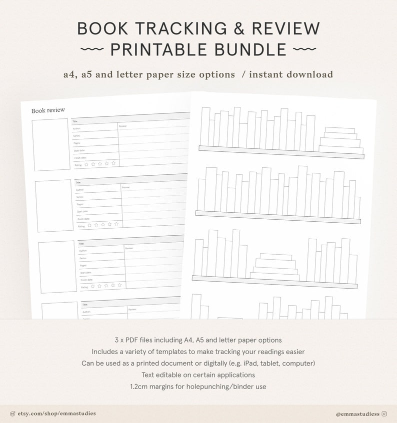 May include: Printable book tracking and review templates in A4, A5, and letter paper sizes. The templates feature a bookshelf design with spaces to record book titles, authors, genres, and ratings.