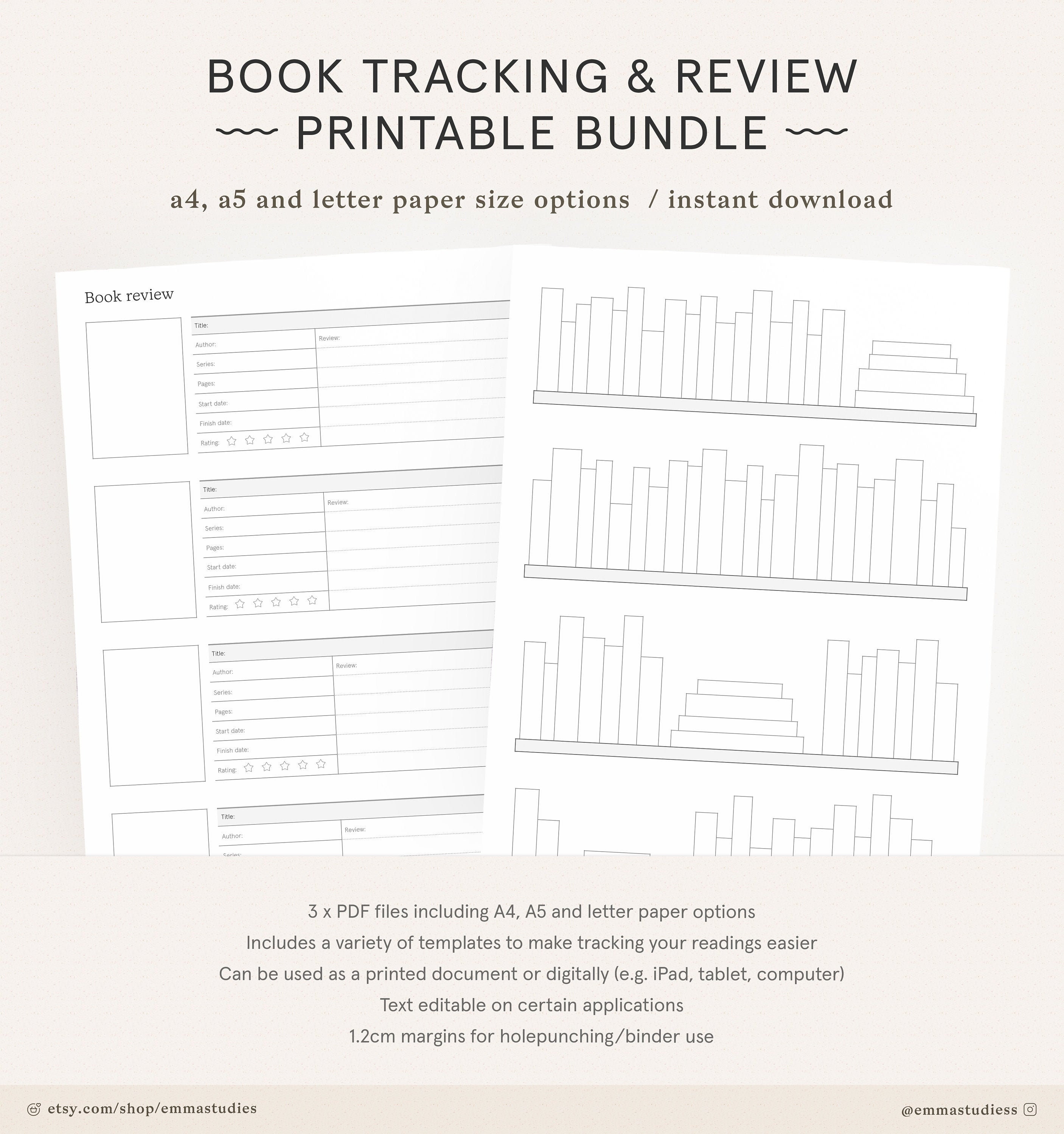 Book Tracker and Review Printable Reading Journal Log List Discbound  Planner Insert A4, A5, Letter Instant Download 