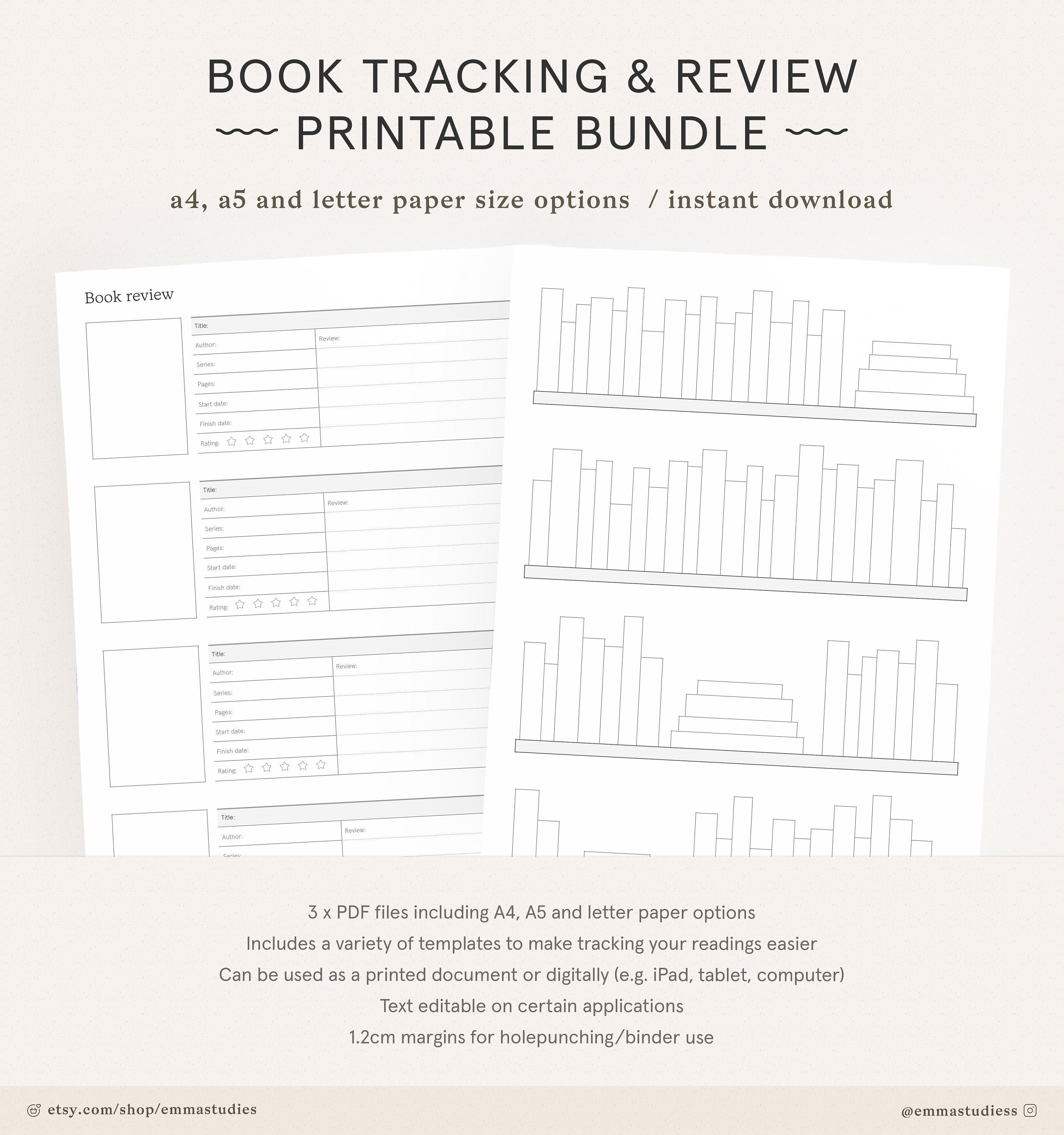 Book Tracker and Review Printable Reading Journal Log List