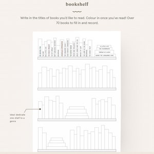 May include: A black and white printable bookshelf chart with three shelves. The chart has a title that says "bookshelf" and instructions to "Write in the titles of books you'd like to read. Colour in once you've read! Over 70 books to fill in and record."