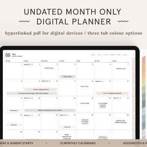 Undated Digital Monthly Planner — Month Only Digital PDF | iPad Tablet Planner | GoodNotes Planner | Digital Journal | Instant Download