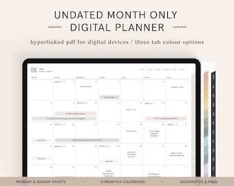 Undated Digital Monthly Planner — Month Only Digital PDF | iPad Tablet Planner | GoodNotes Planner | Digital Journal | Instant Download